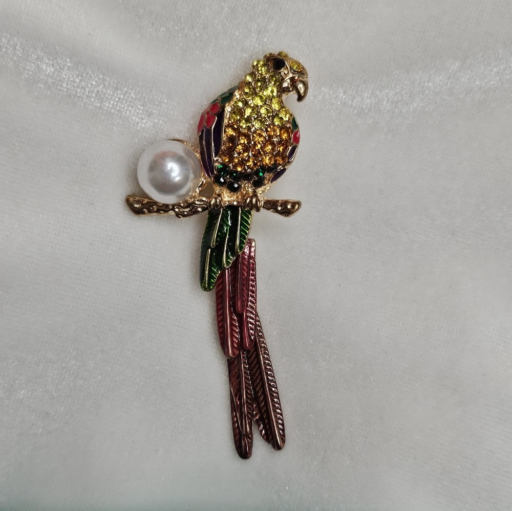 Whimsical Parrot Brooch Retro Style Pin Colorful Enamel Rhinestone Faux Pearl